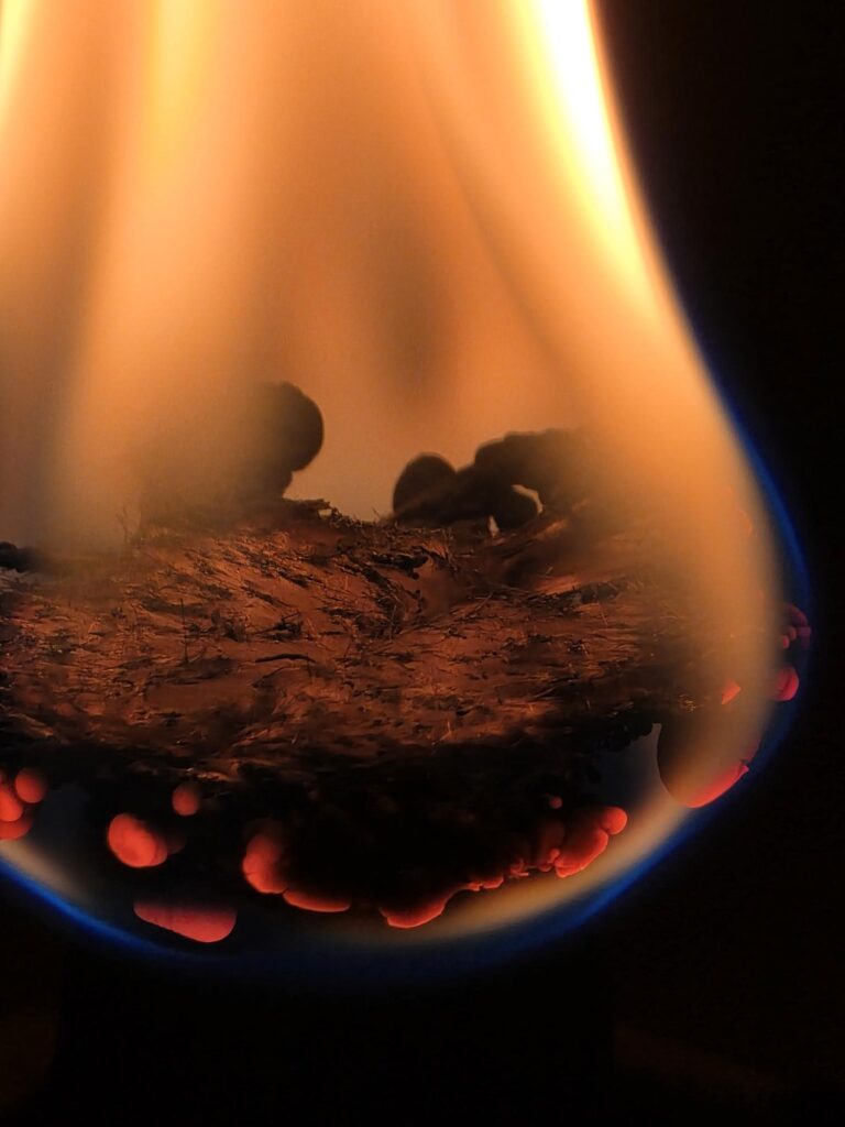 Flames surge from a burning surface, emitting a vivid orange glow and revealing glowing embers. The image captures the dynamic beauty of fire.