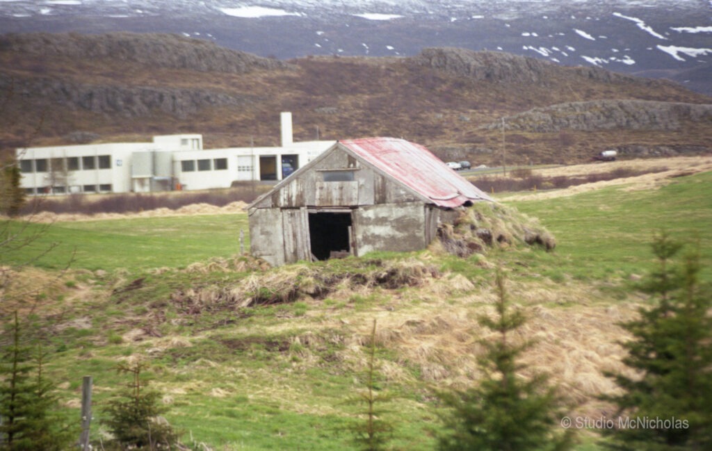 Abandoned wooden shed with a red roof, set in a grassy field. A modern building is visible in the background, highlighting a contrast between old and new.