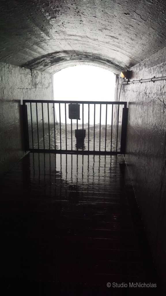 Flooded tunnel entrance with a metal gate blocking the exit. Water reflects the inner walls, indicating recent heavy rain or rising water levels.