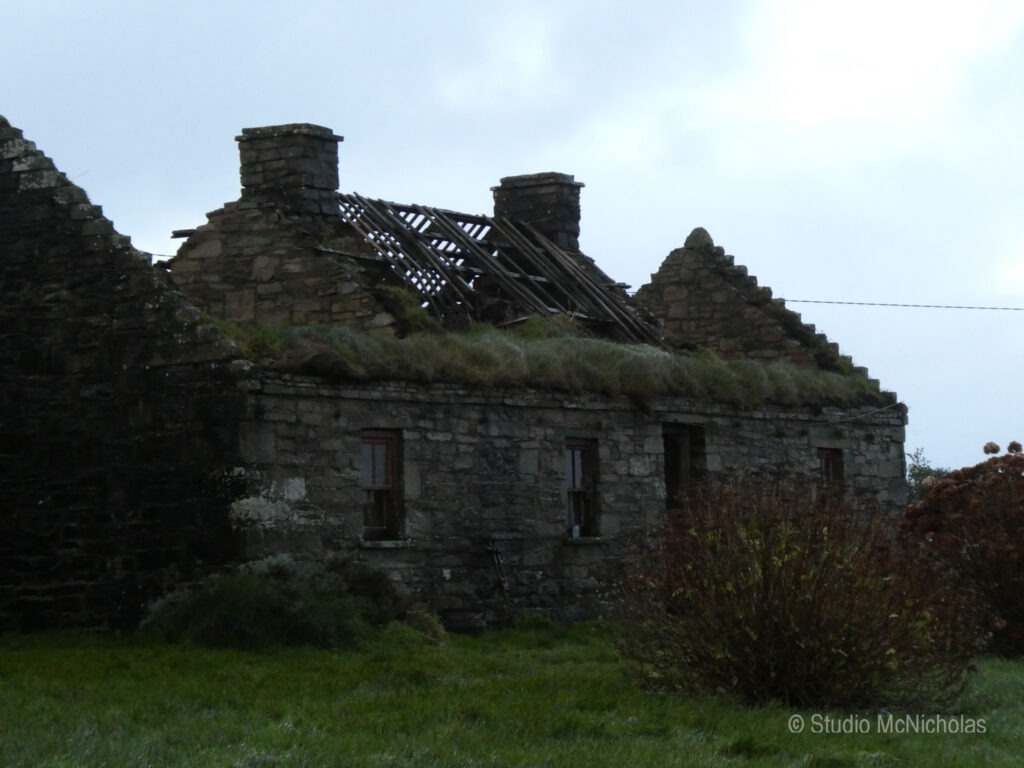 Abandoned stone cottage with a partially collapsed roof, overgrown with grass, surrounded by a grassy field and shrubs.