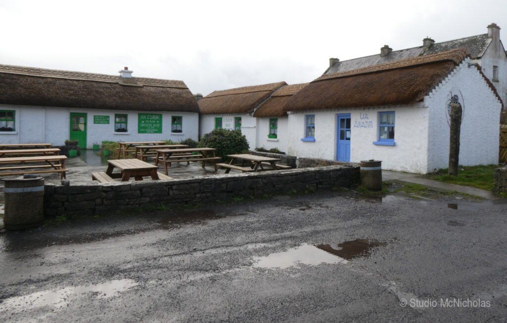 Thatched-roof cottages with vibrant doors and outdoor seating areas, likely serving as shops or cafes, convey a charming rustic atmosphere.